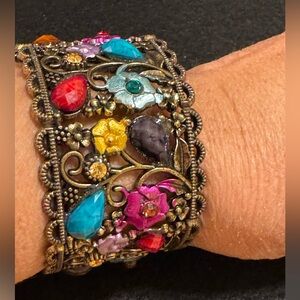 Brass tone cuff hand painted  bracelet w/multi-colored rhinestones & acrylics